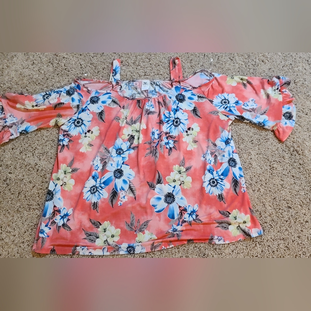 Sew In Love Coral and Blue Floral Blouse